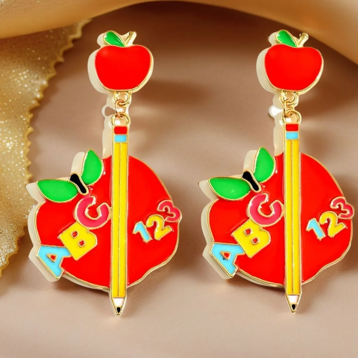 

Back-to-school season fashion metal drip oil apple letter pencil earrings Christmas Halloween gifts