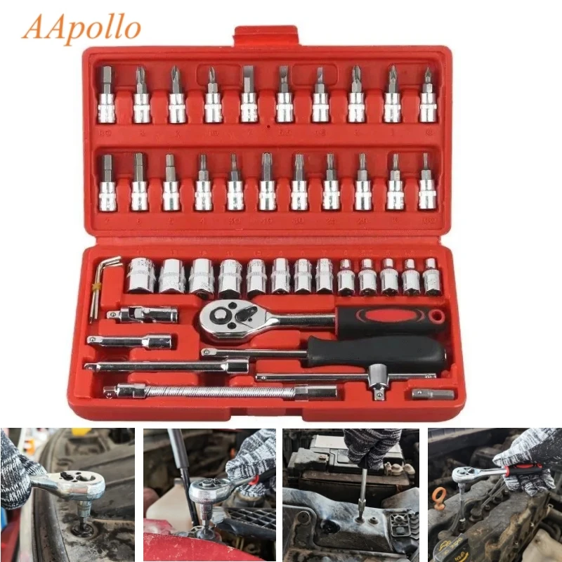 46pc Drive Socket Set 1/4 inch Ratchet Wrench Set Hand Tool Kit for Auto Repair Hous with Sockets Metric Hex Bit Socket Set