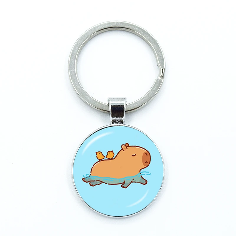 Capybara swimming Cartoon Keychain Glass Cabochon KeyRing Bag Car Key Chain Ring Holder Charms Jewelry Gifts