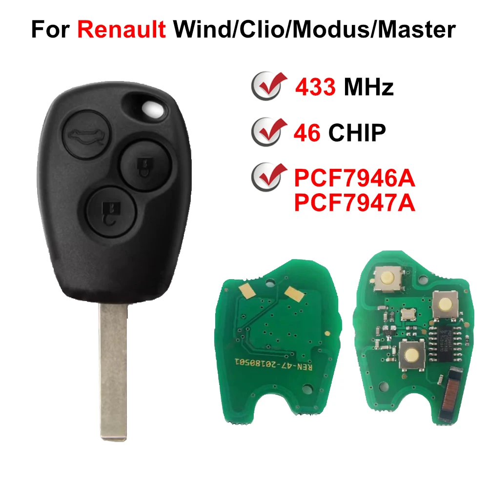 433 MHz PCF7946A PCF7947A VA2 Remote Car Key Fob Replacement For Renault Wind Clio Modus Kangoo Master Twingo 2004 - 2016