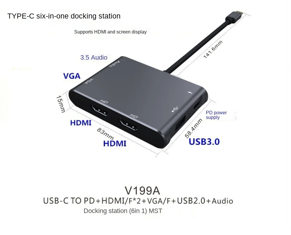 

6-in-1 Type C To HDMI*2+VGA+USB2.0+Audio+Power Delivery: MST Supported Docking Station