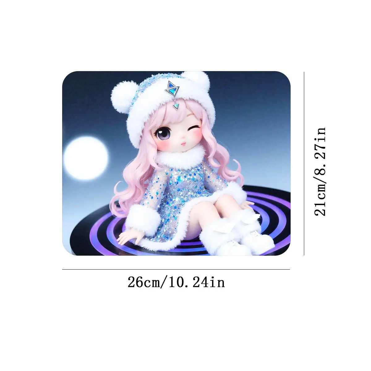 かわいい26cmのキラキラ人形、ピンクの髪、冬の服装とアクセサリー付き、コレクションやギフトに最適です。