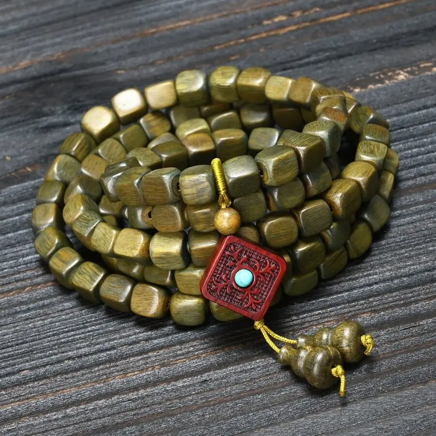 Natural Green Sandalwood Long Handheld Buddhist Beaded String DIY Carved Chip Bead Sweater Necklace Pendant Ornaments Gifts