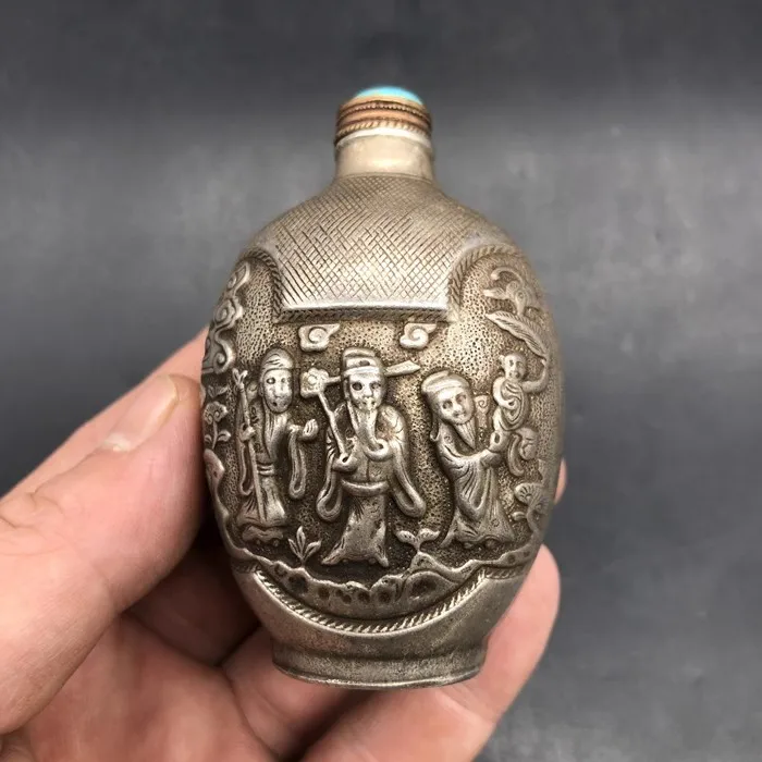 Antique Collection of Qing Dynasty Qianlong Year Made Three Star White Copper Snuff Bottle, Home Decoration Ornaments