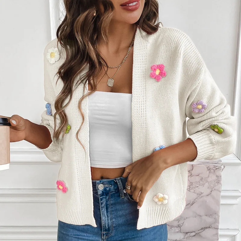 2023 Autumn and Winter Women\'s New Fashion Hand Hook Flower Sweet Knitted Cardigan Casual Loose Comfortable Versatile Sweater