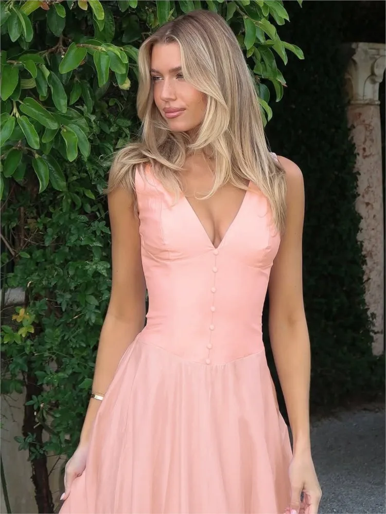 

Dresses 2026 Woman Solid Color V-neck Slim Sleeveless Long Evening Dress Vacation Simple Style All-match Elegant Temperament