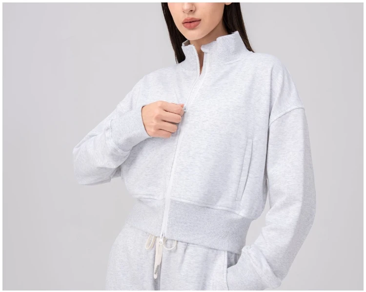VITALINOVO Damen-Jacken mit Reißverschluss, Stehkragen, kurzes Sweatshirt mit Taschen, Daumenloch, Herbst, langärmlig, Sportjacken, Winter – Detail 4