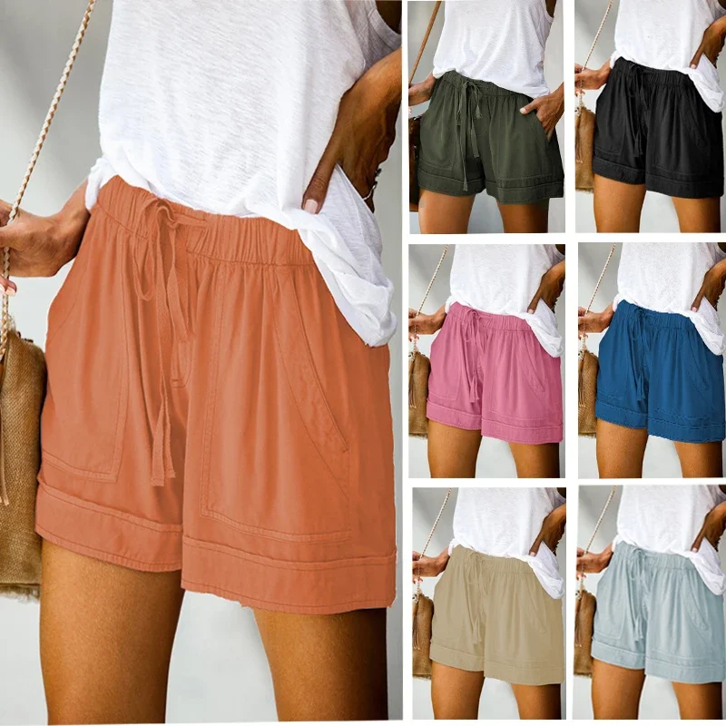 Shorts casuais para mulheres, cintura alta, renda para cima, solta, torção, calças de perna larga, europeu e americano, novo verão, 2023