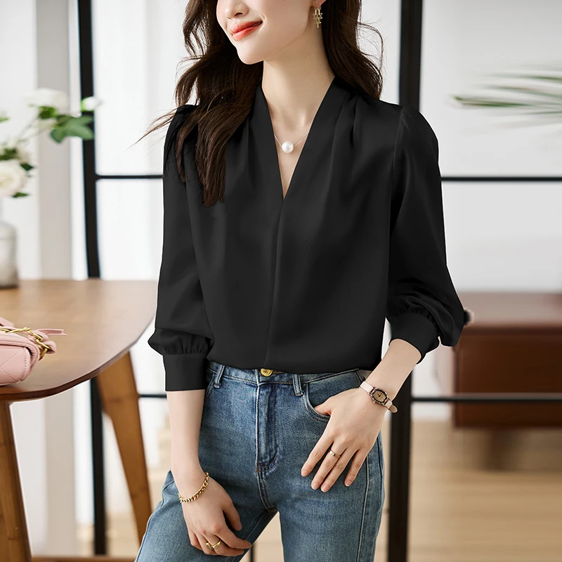 2025 New Elegant Satin Women's White Blouse Spring Autumn Long Puff Sleeve V-neck Casual Loose Office Workwear Shirts Female