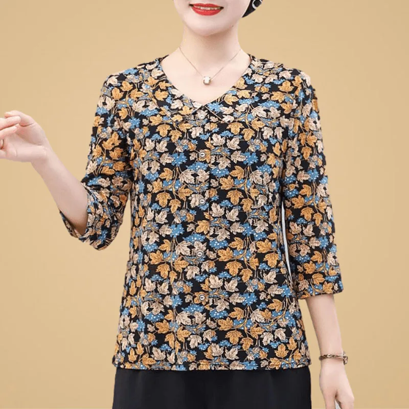 Vintage Plus Size Floral Printing Women\'s Clothing Summer V-neck Loose Fashion Comfortable Tops Women Half Sleeve T-shirt