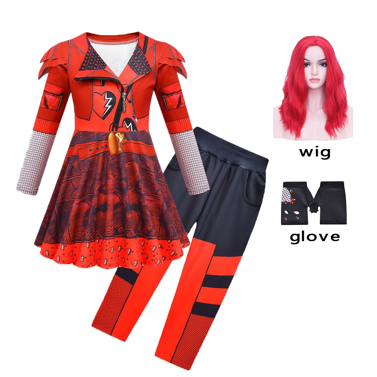 Kids D-Descendants Rise of Red Costume for Girls Red Chloe Cosplay Costume Kid Fancy Dress Pants Wig Set Halloween Girls Clothes