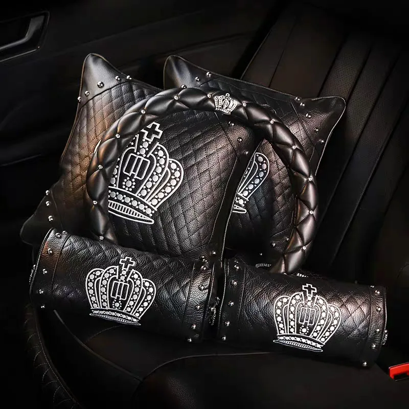 Crystal Diamond Car Inerior Accessorie Crown Leather Car Steering Wheel Cover Car Headrest Neck Pillow Rhineston Handlebar Cover