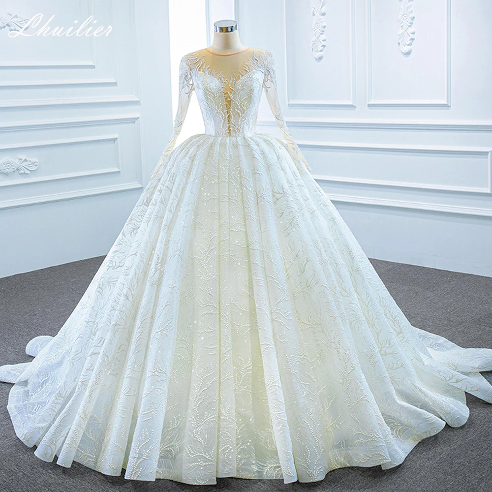 Lhuilier Women's Elegant Scoop Neck Ball Gown Lace Wedding Dresses Full Sleeves Beaded Bridal Gown with Chapel Train