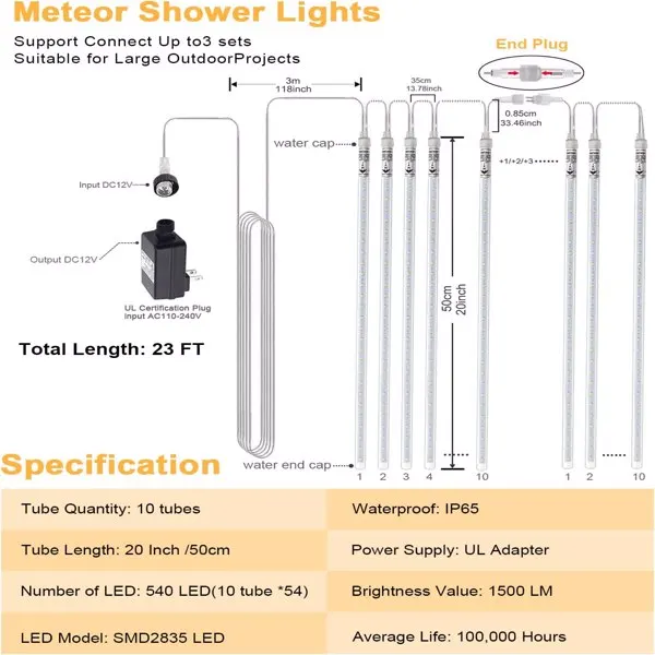 Luces de lluvia de meteoritos para exteriores, 10 tubos, árbol de Navidad y nevadas, 50cm