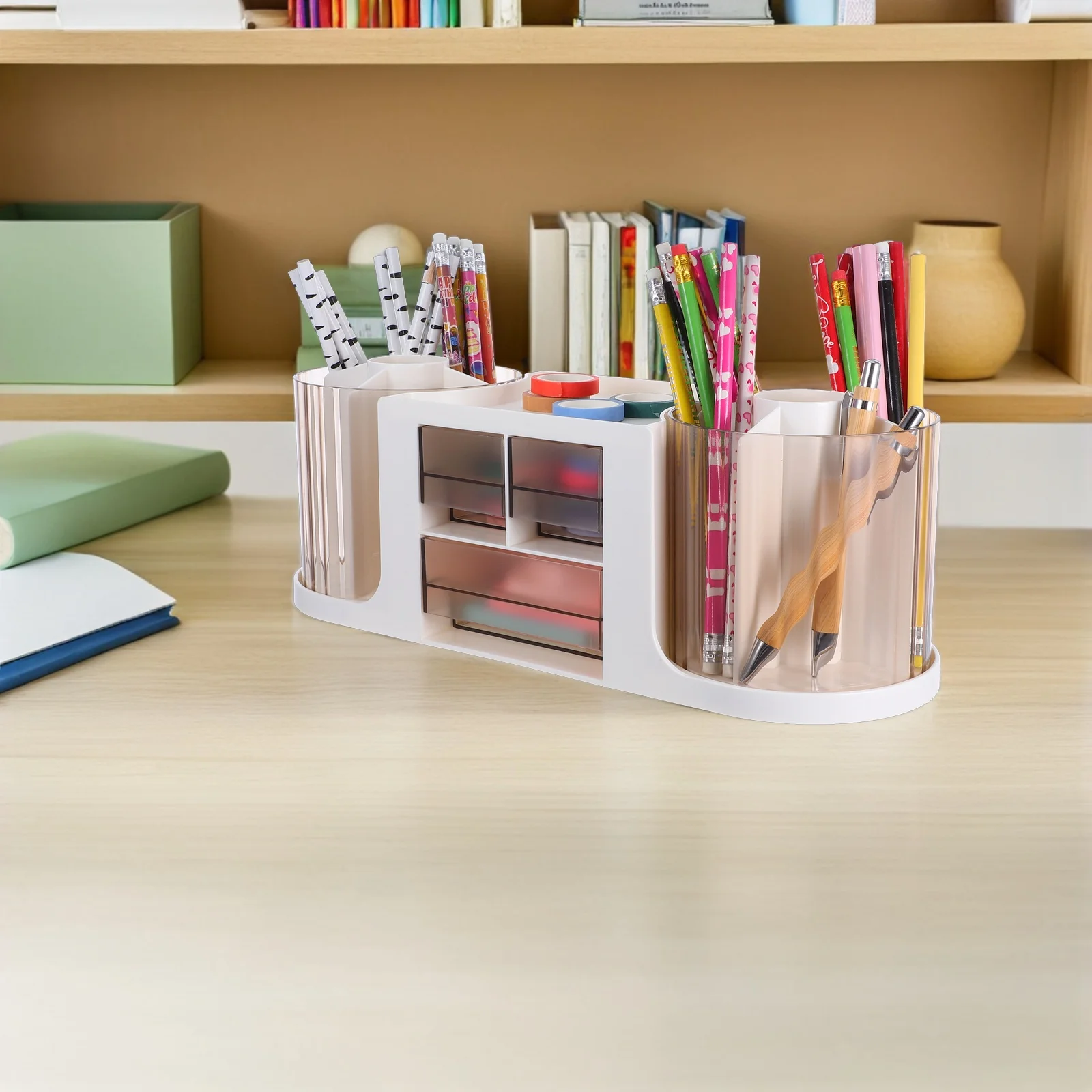 

Dual Rotating Transparent Pen for Desk Office Stationery Storage Container Plastic Desk Organizer Revolving Pencil Cup Holder