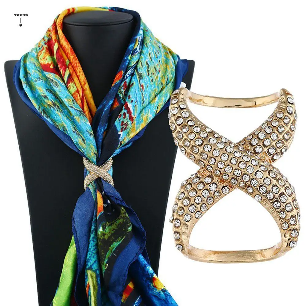 Crystal Simple Silk Scarf  Buckle Classic X Shape Scarves Jewelry Fashion Accessories Brooch Pins Shawl Ring Clip