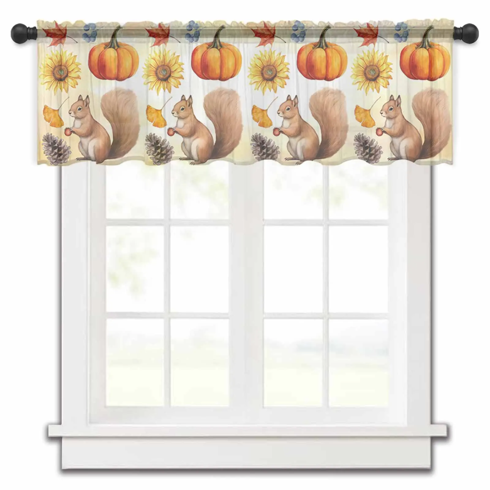 Squirrels Pumpkins Autumn Maple Leaves Pine Cones Kitchen Sheer Curtains Tulle Small Curtain Living Room Voile Drapes Home Decor