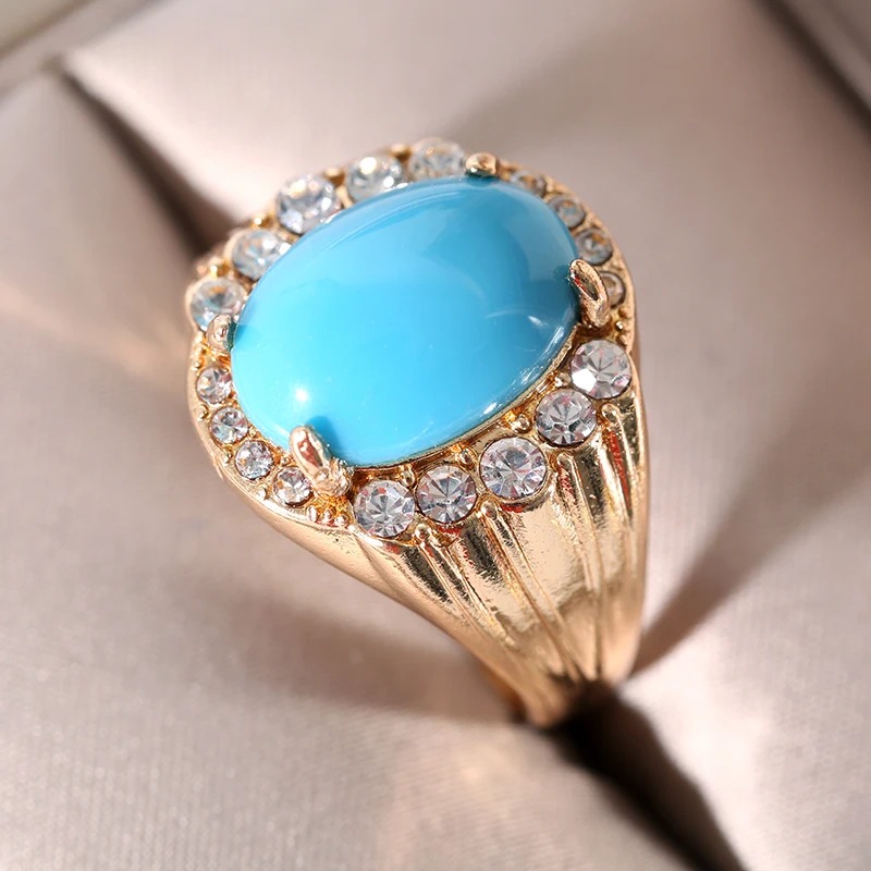 Elegant Oval Blue stone Rings Exquisite Fashion Gold Color Inlaid White Zircon Stones Party Ring Trendy Jewelry