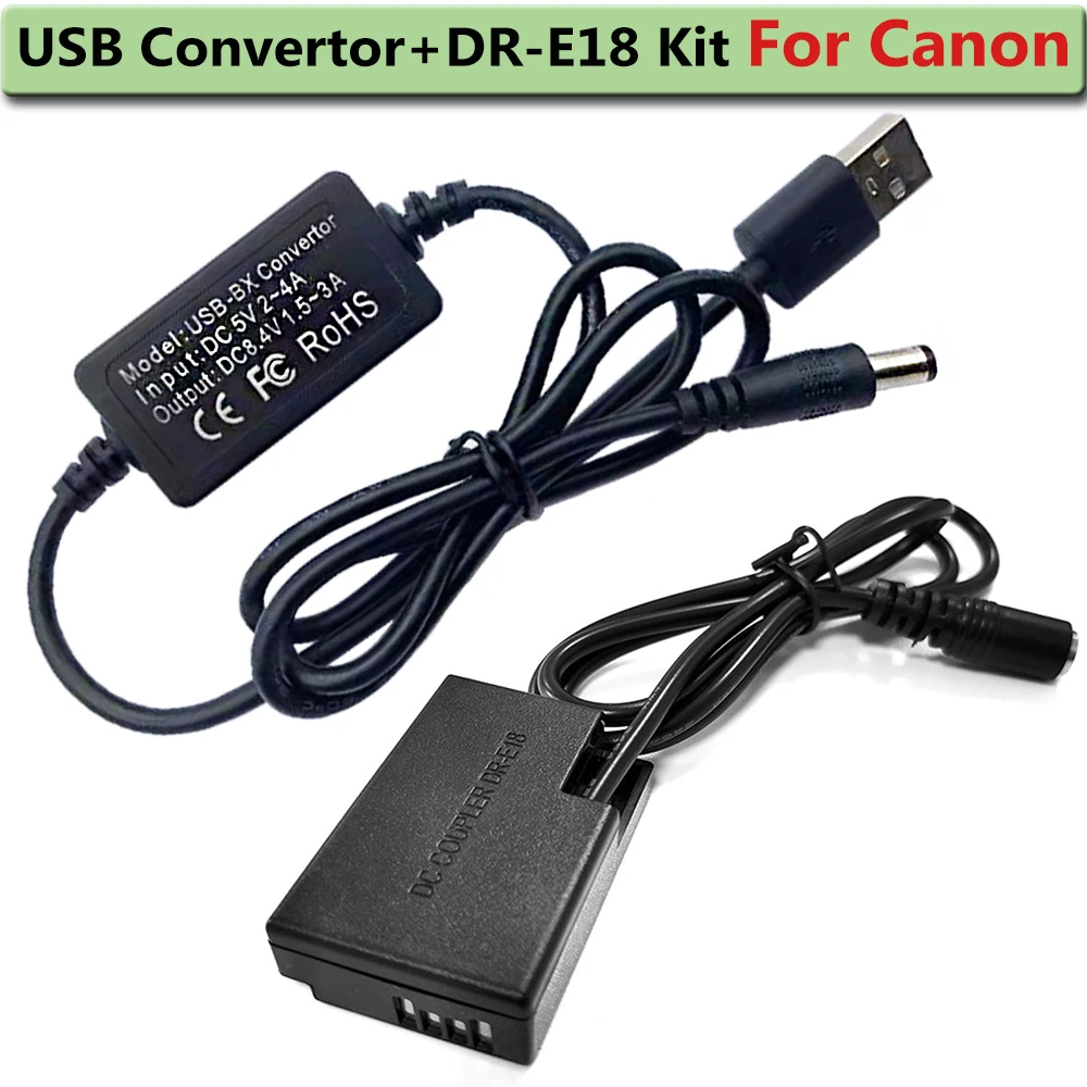 Konwerter USB DR-E18 imitacja baterii LP-E17 DC zestaw do aparatów Canon EOS Rebel RP T7i T6i T8i T6s SL2 SL3 850D 77D, pocałunek X8i X9i X1