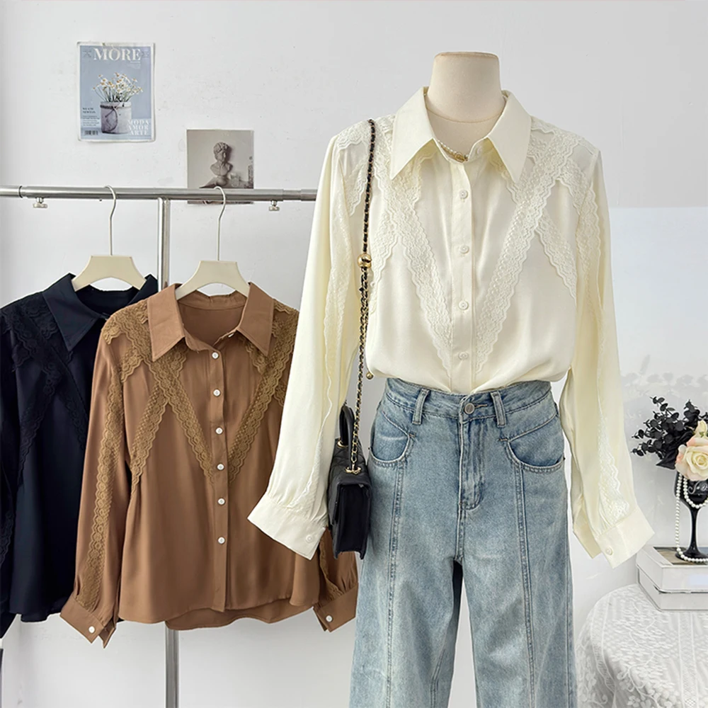 

Lace Trim Polo Collar Shirt Solid Color Single Button Top Minimalist Shirt Korean Style Blouse Womens Clothing Casual Wear