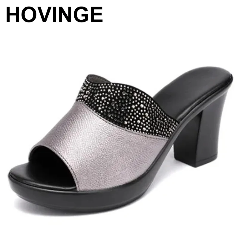 

Summer Shoes Women Slides Thick Heels Slippers Non-slip Open Toes Sandals Genuine Leather Women Slipper