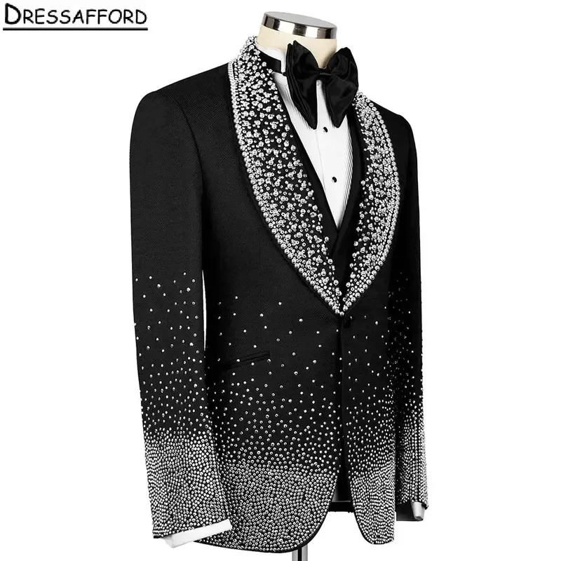 Black Handmade Crystals Wedding Suits For Men Slim Fit 2 Piece Sets(Jacket+Pant) Groom Tuxedos Party Blazers