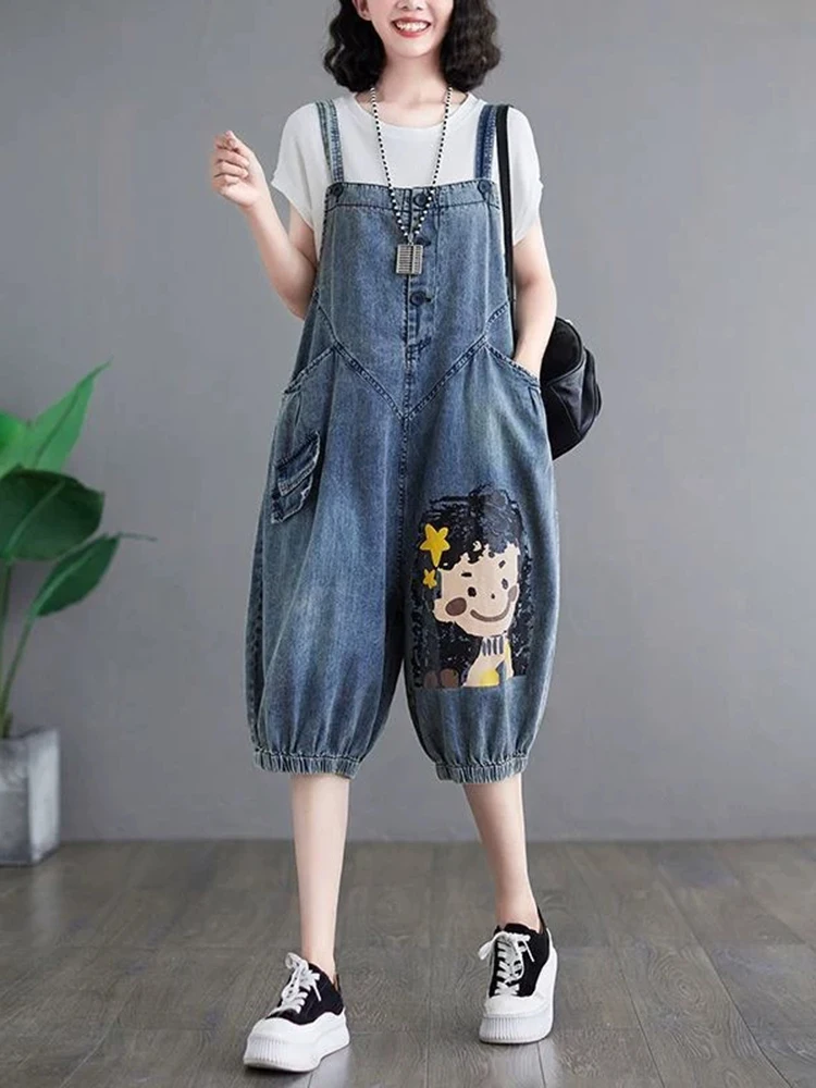 DENIM Jumpsuits ผู้หญิงวินเทจเกาหลีสไตล์ One Piece ชุดลําลอง Cropped Rompers พิมพ์โคมไฟกางเกงยีนส์ฤดูร้อนเสื้อผ้าผู้หญิง