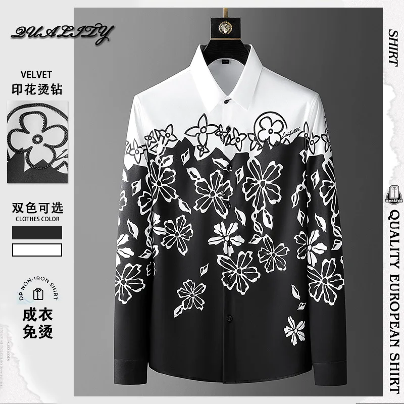 

2024 New Long sleeved Shirt Men's Trendy British Style Men's Shirt Heavy Craft Hot Diamond Men's Shirt