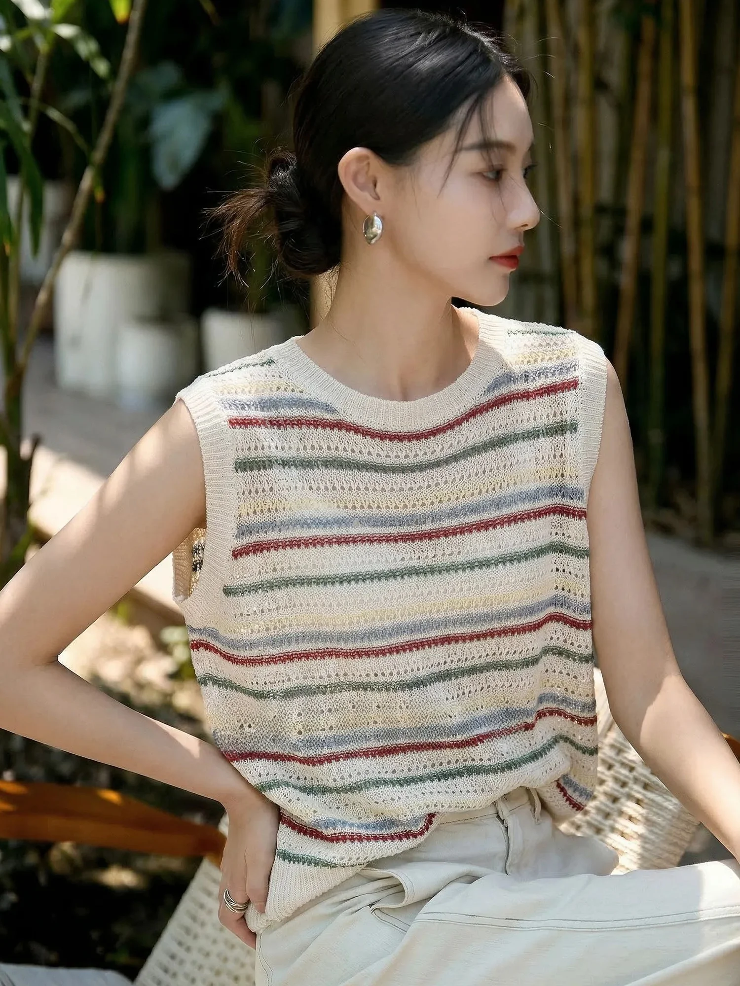 

Sleeveless round Neck Striped Knitted T-Shirt Women's Slim Fit Summer Thin Overhead Versatile Top Chivirin