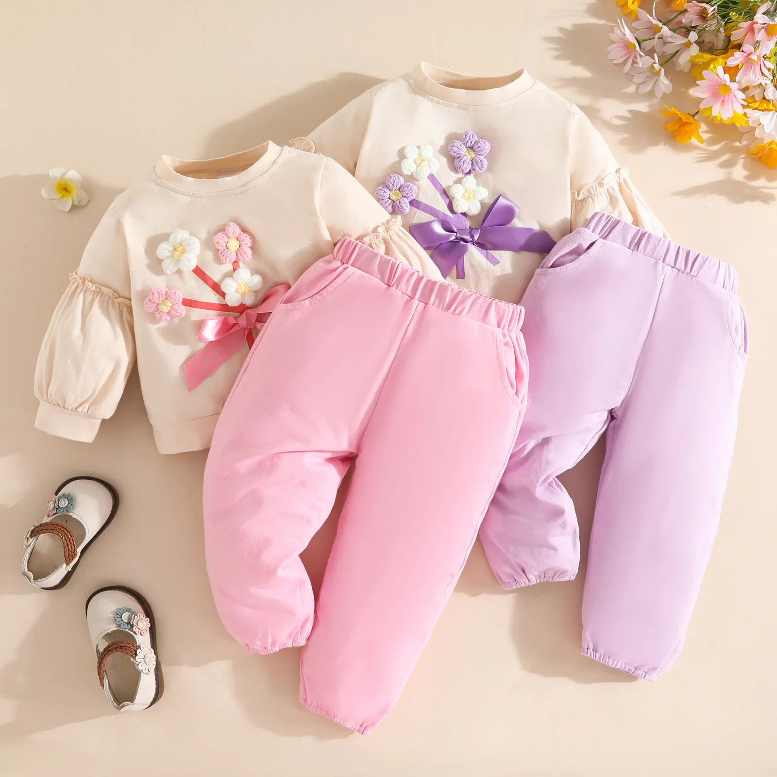 

Toddler Kids Girl 0-4Y Stylish Baby Newborn Items 2Pcs Sets 3D Flower and Bow Decor Sweet Infant Top and Pants Set Girl Outfits