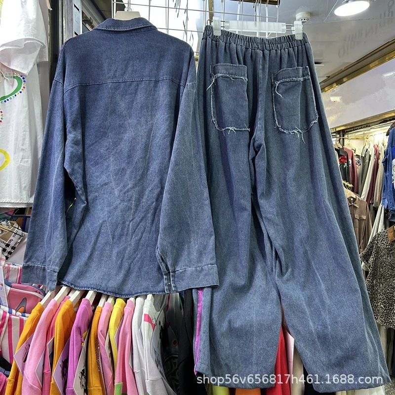 شعبية تصميم المطبوعة الجينز دعوى الكرتون فضفاضة طويلة الأكمام الدنيم قميص أعلى مرونة الخصر واسعة الساق السراويل الطويلة قطعتين مجموعة