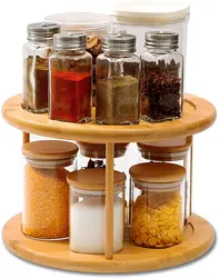 Lazy Susan Turntable Spice Rack 2-Tier Bamboo Kitchen Countertop Cabinet Rotating Condiments Organizer