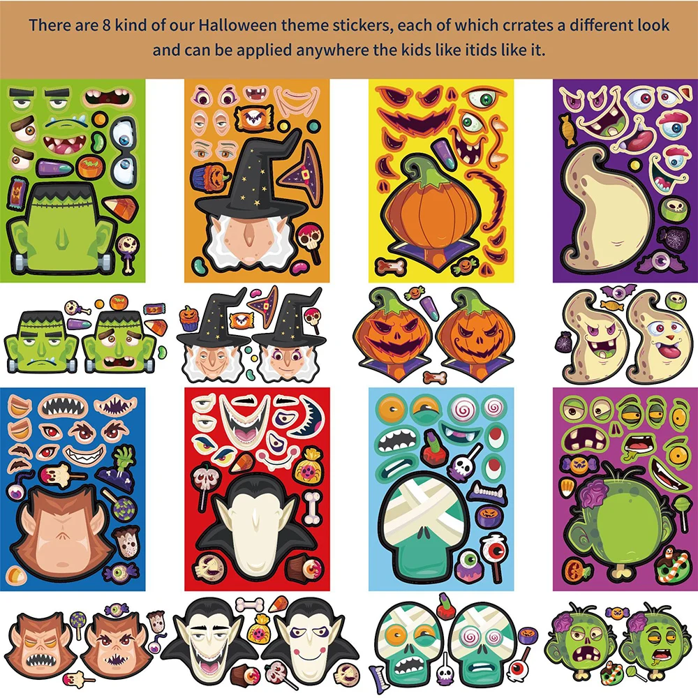 8/16Sheets Make a Face Vampire Pumpkin Witch Puzzle Stickers Kids DIY Game Make Your Own Decal Children Halloween Decoration Toy