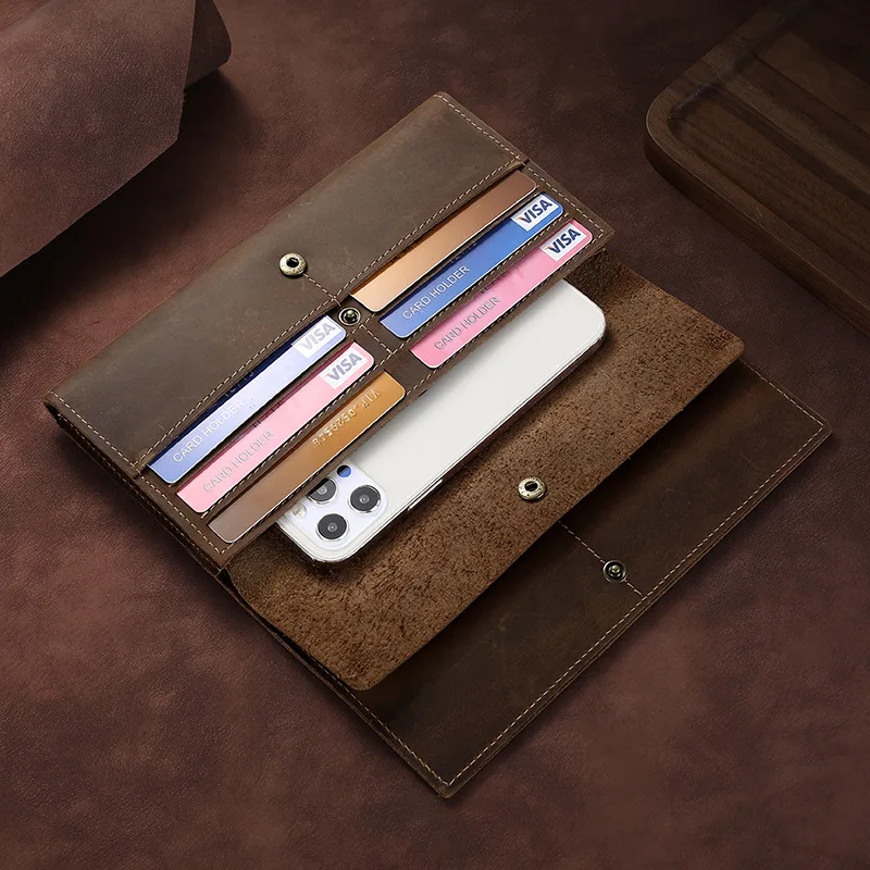 YETTIES Men's Best-Selling Tri-Fold Wallet, Large Capacity Vintage Crazy Horse Leather Long Billfold, Multi-Function Clutch