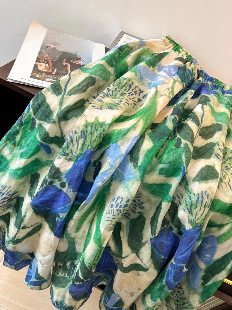 الراقية القنب طباعة ميدي تنورة المرأة أوائل الخريف مرونة عالية الخصر التخسيس الربيع الصيف ألف خط الكتان ثوب تنورة #2