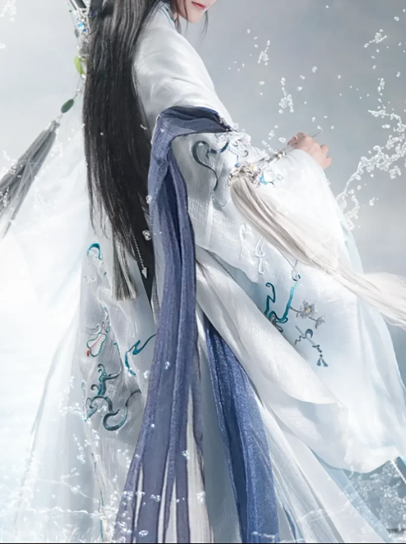 تأثيري حلي الأزرق والأبيض Hanfu ثوب 4 قطعة مجموعة النساء حجم كبير Hanfu الرجال الصينية القديمة Hanfu الذكور هالوين الباحث فارس