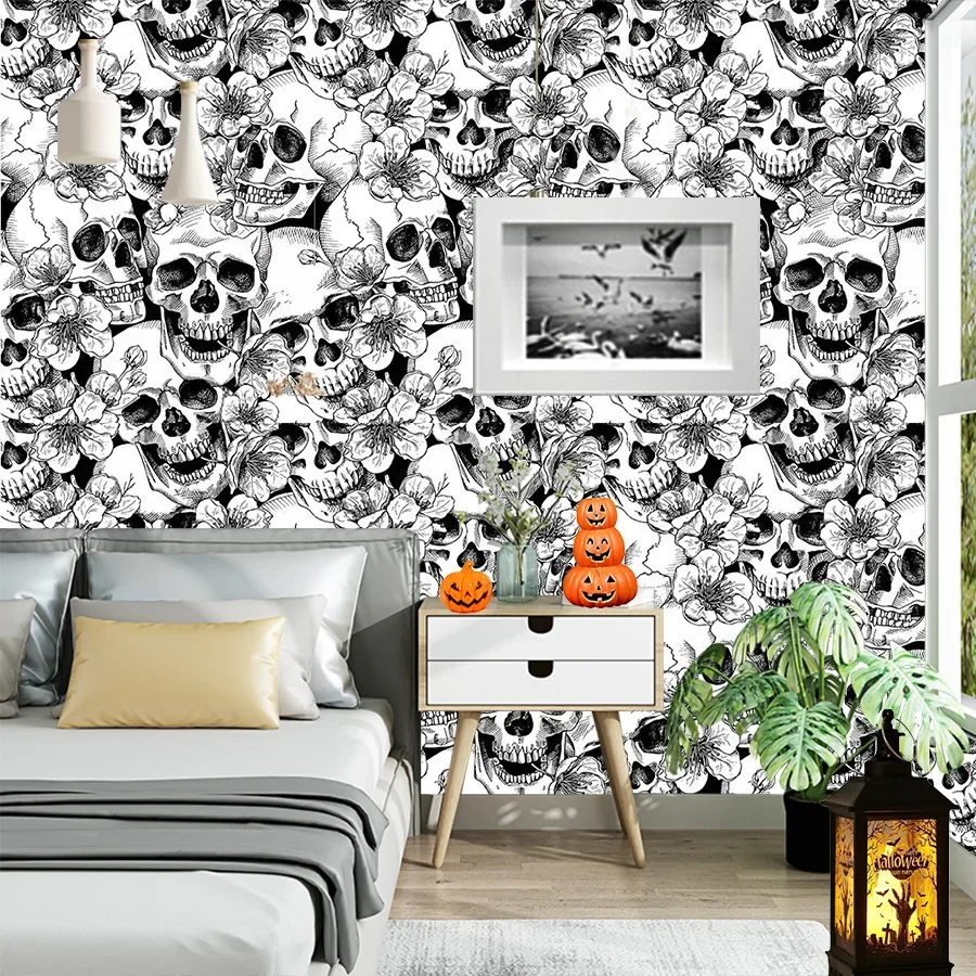 

Halloween White Skull Self-adhesive Wallpaper PVC Holiday Party Home Decoration Building Materials Background Wall Wallpaper