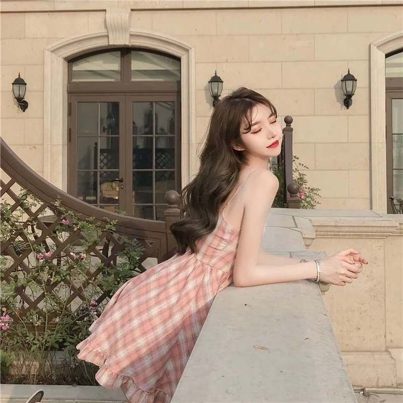 Plaid Dresses Women Korean Style Leisure Kawaii Popular Pink Maiden Cute  All-match Summer Square Collar Spaghetti Strap Ulzzang - AliExpress  200000345