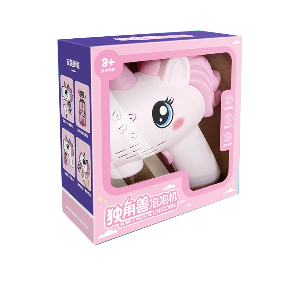 يونيكورن الكهربائية فقاعة بندقية التلقائي آلة فقاعة يده فقاعة منفاخ مع أضواء هدايا عيد ميلاد الاطفال الصيف اللعب في الهواء الطلق