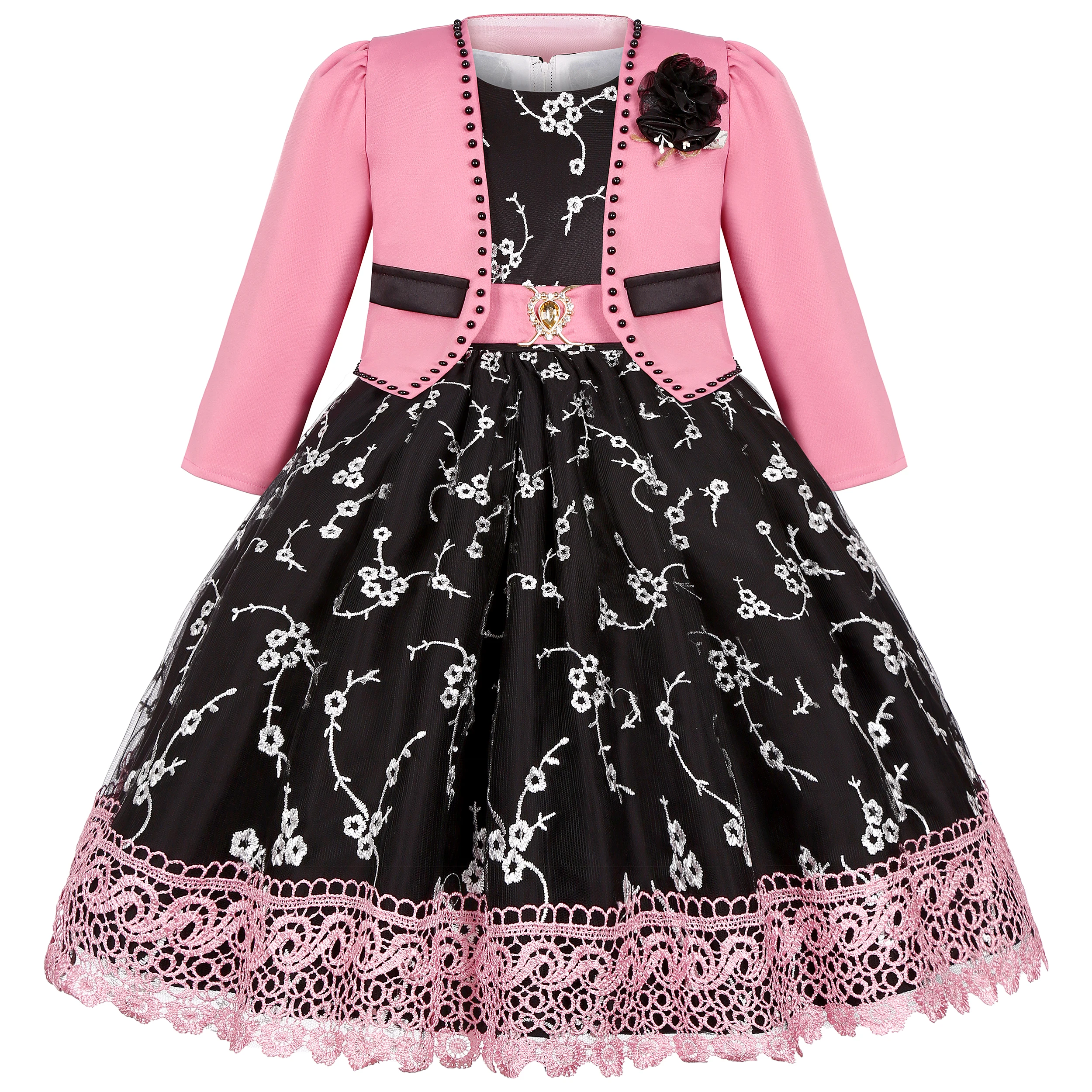 Girls' Lace Embroidered Dress for Princesses, Net-Sheer Suit Dress, Little Girl's Runway Evening Gown, Corsage and Shawl Set