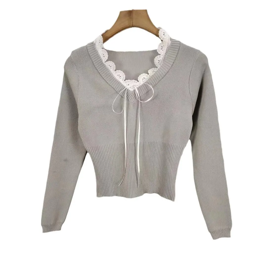 

Women's Fashionable Long-Sleeve T-Shirt Knit Top Lace Collar French Style Sweater Lace-Up Bow Design Versatile Homme