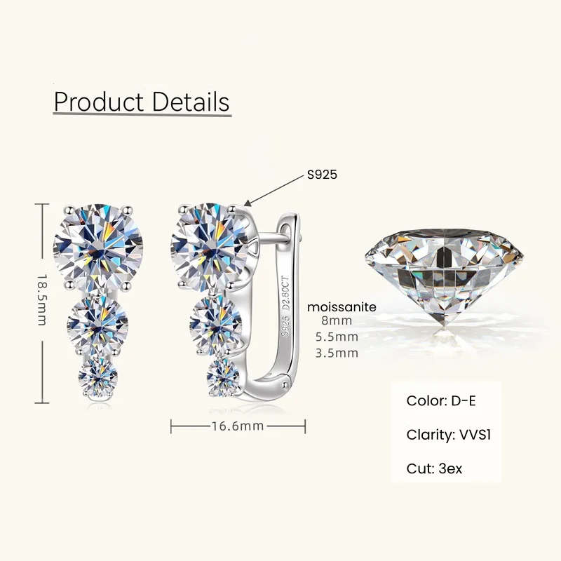 IOGOU Women's Three-stone Round Moissanite Clip Hoop Earrings 8mm&5.5mm&3.5mm D Color Diamond U-Shaped Earring 925 Silve Jewelry