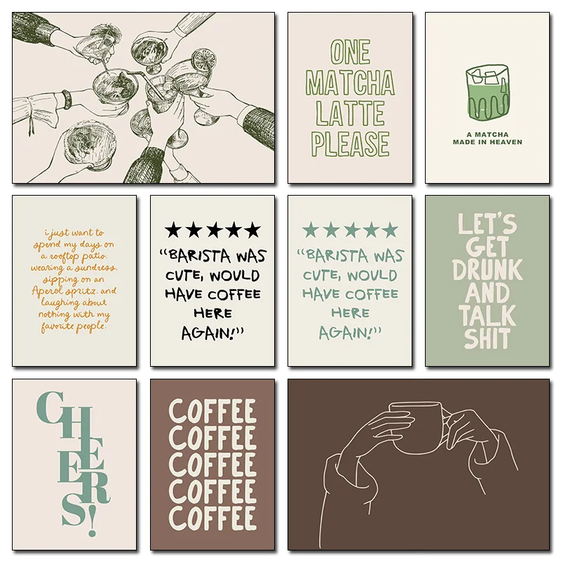 Modern Coffee and Beverage Abstract Letter Image Poster Prints Canvas Wall Art Pictures Home Living Room Decorative Painting Set