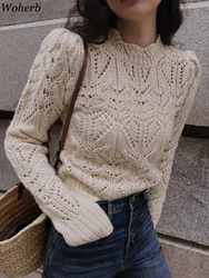 2024 Ropa Mujer Sweater Women Puff Sleeve Knitted Hollow Out Crop Pullovers Autumn Winter Sweet Tops Vintage Chic O Neck Jumper