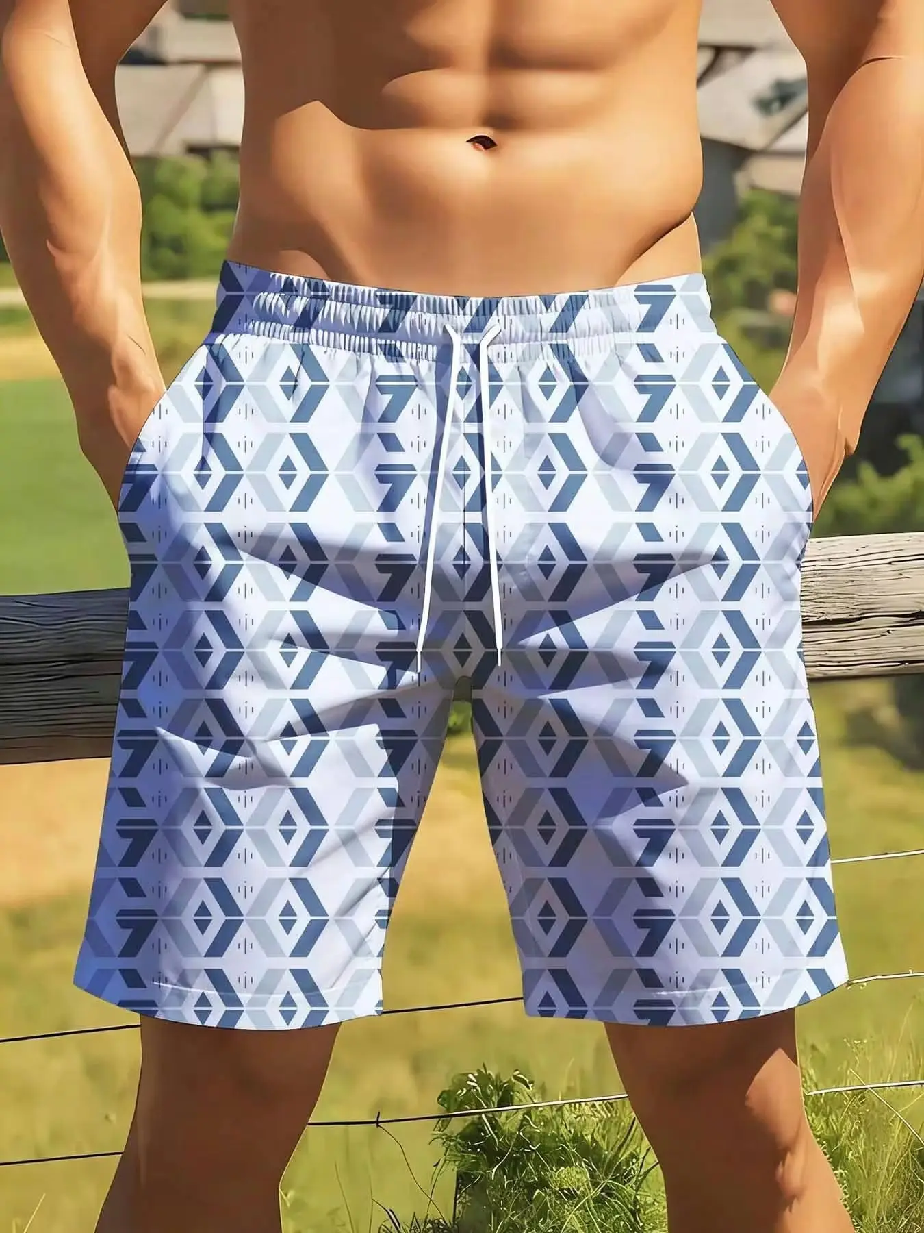 

Men's Geometric Pattern Swim Shorts Quick Dry Beachwear For Summer Outdoor Activities And Vacation
