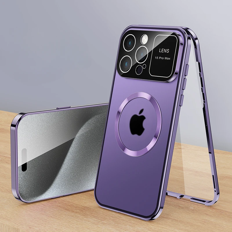 

For iPhone 16 15 14 13 12 Pro Max Large Window Lens Protection Aluminum Metal Magnetic Case Shockproof Cover Screen Protector