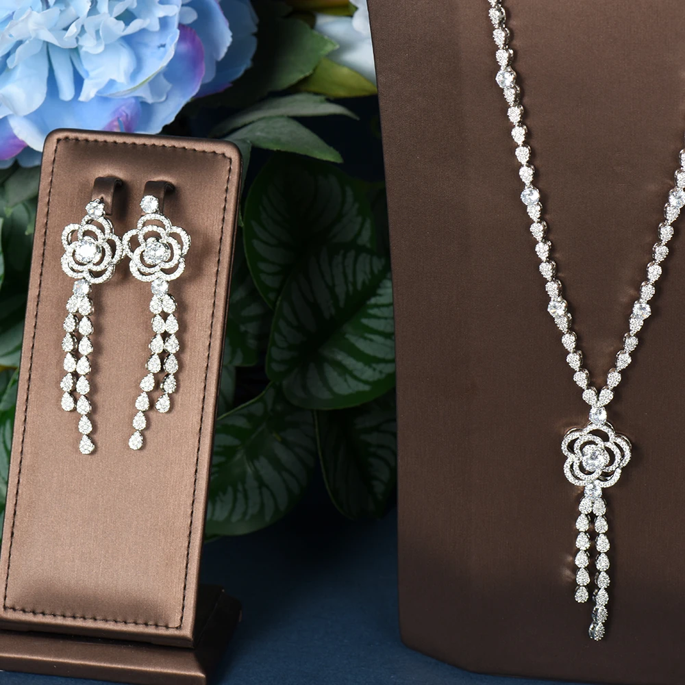 HIBRIDE Trendy Flower Design Sweater Long Necklace Earring Sets For Women Wedding Party CZ African Dubai Bridal Jewelry N-1339