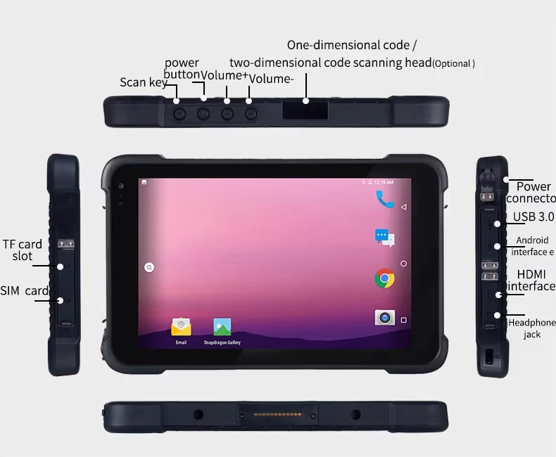 IP68 à prova d'água 8" Android 11 Tablet robusto 64GB 4G LTE NFC GPS Tablet PC industrial com scanner 2D