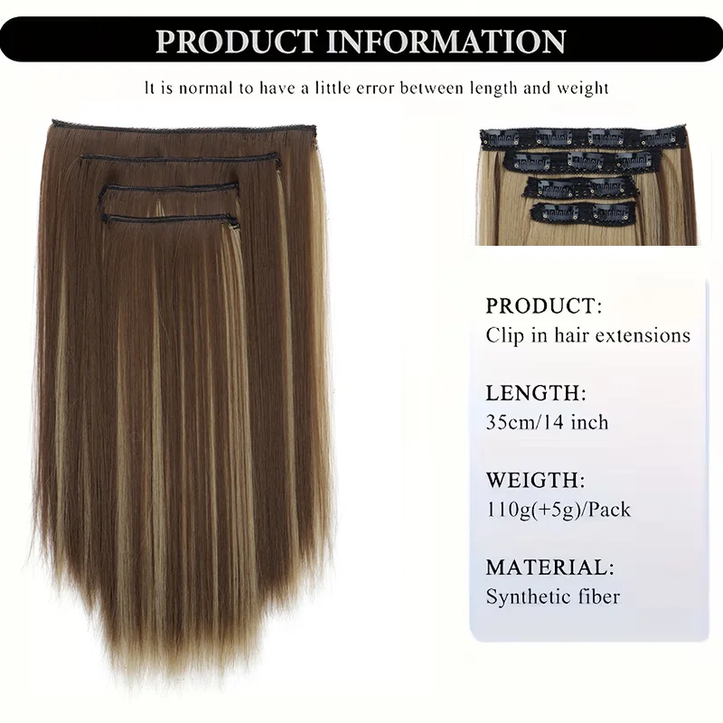 14Inch Synthetic Long Straight Hair Extension 4pcs/set Black Brown Blonde Adds Volume  Hairpiece for Women