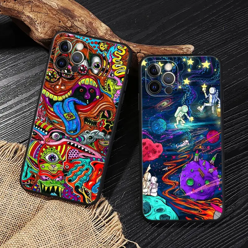 Psychedelic Trippy Cat Drawing Black Cover For Apple iPhone 13 14 12 11 Pro Max Mini XR XS 6 7 8 Plus Cases Soft Silicone Fundas